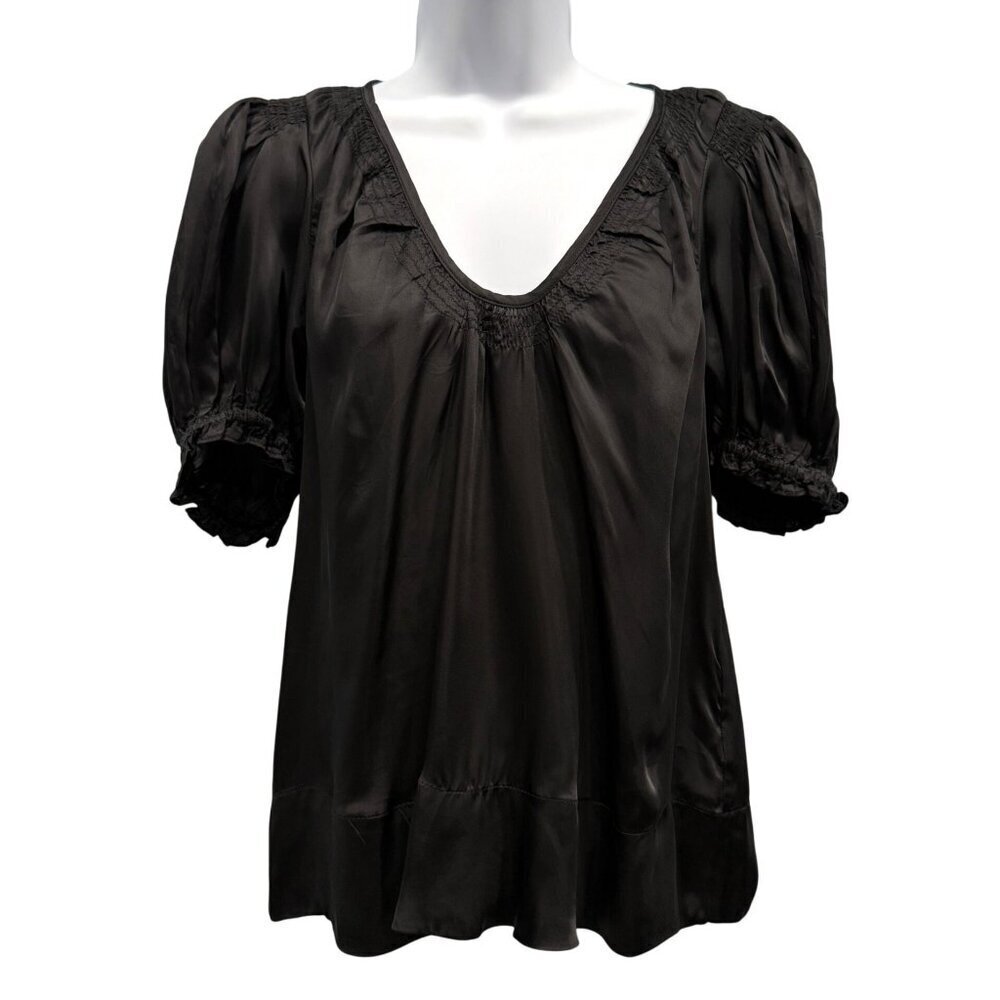 The Great Palmette Top Black Satin‎ Puff Short Sleeves Minimalist Luxe Womens 0